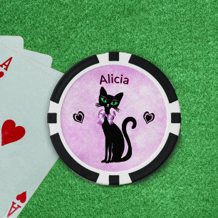 Jetons De Poker Chat Noir Élégant Grand Nœud Cœurs Rose Noir