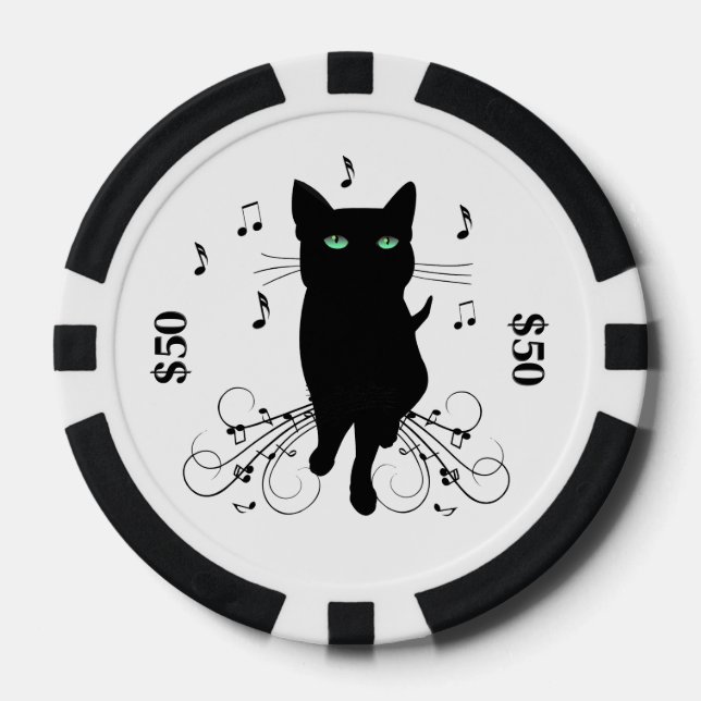 Jetons De Poker Chat noir entouré de notes de musique murmurantes (Recto)