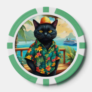 Jetons De Poker Chat noir portant une chemise hawaïenne et un Casq