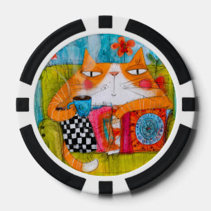 Jetons De Poker Chat roux fantaisiste avec tasse de thé