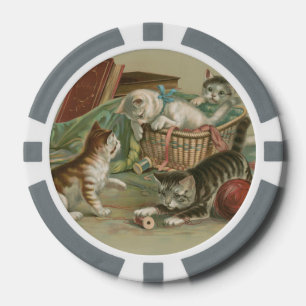 Jetons De Poker Chatons victoriens vintage jouant dans un panier à