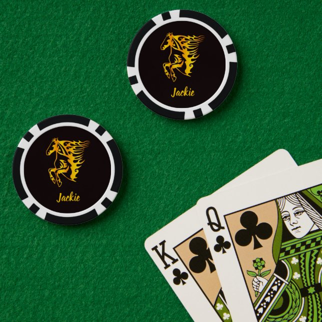 Jetons De Poker Cheval à flamme dorée avec nom personnalisé (Table de poker (double))