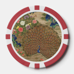 Jetons De Poker Chinoiserie Paon Bleu avec Jardin de Fleurs Exotiq