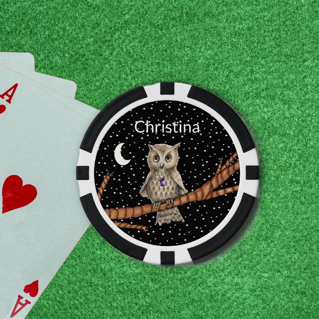 Jetons De Poker Chouette Branche Crystal Collier Lune Étoiles (Pretty owl purple crystal necklace on branch moon stars black poker chips.)