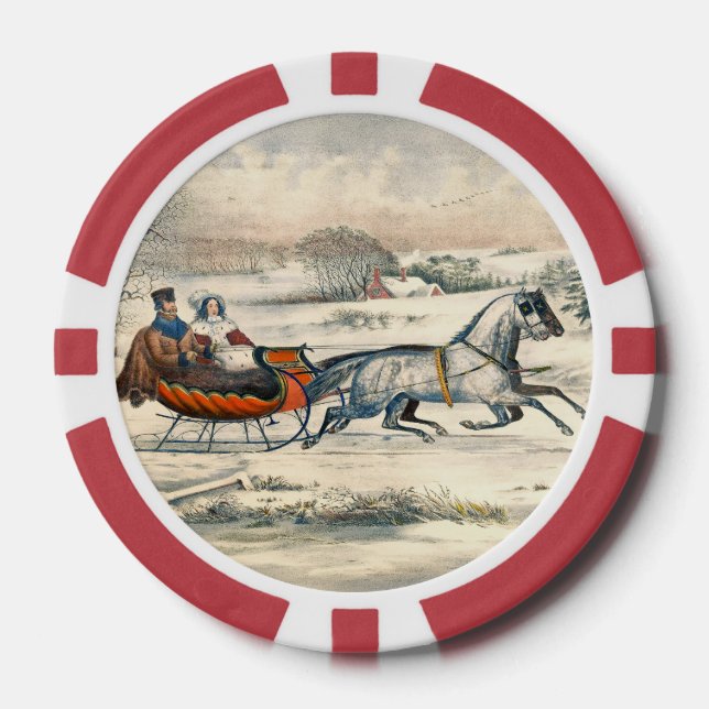 Jetons De Poker Classique 1853 Traîneau Currier Ives Route Hiver (Recto)
