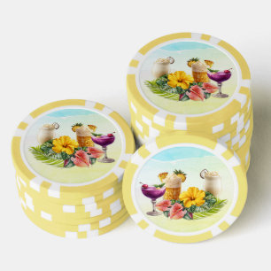Jetons De Poker Cocktails Tropicaux Fleurs Hawaïennes grandes Feui