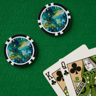 Jetons De Poker Cosmos d'encre d'alcool bleu vert or