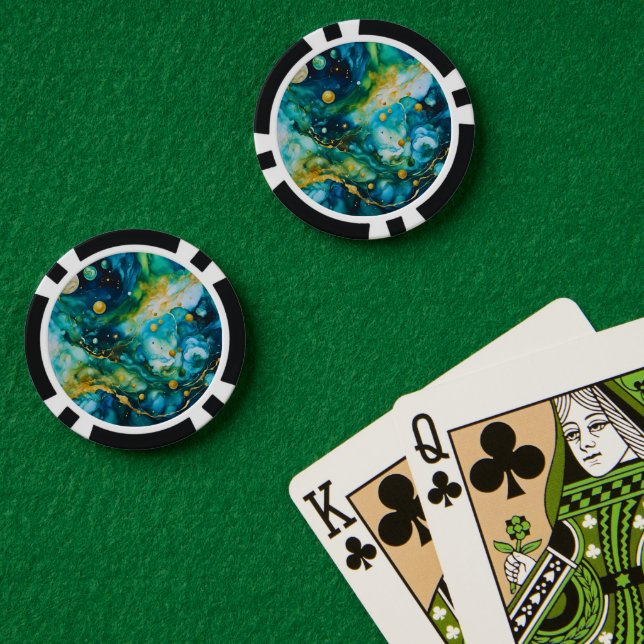 Jetons De Poker Cosmos d'encre d'alcool bleu vert or (Table de poker (double))