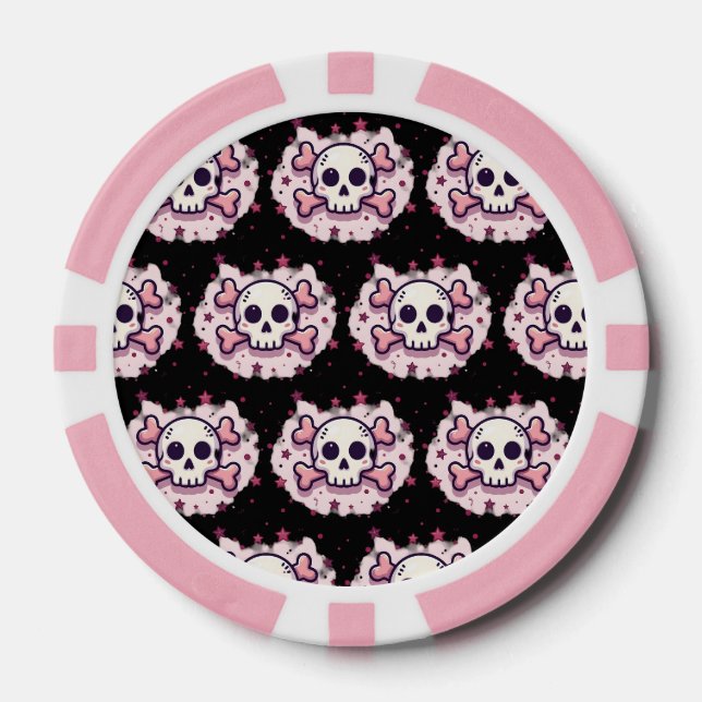 Jetons De Poker Crâne et Osselets Rose Pastel (Recto)