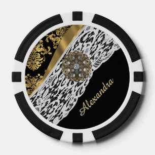 Jetons De Poker cristal de dentelle blanche noir et or