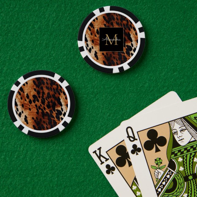 Jetons De Poker Cuir de vache noir crème marron Monogramme or  (Table de poker (double))