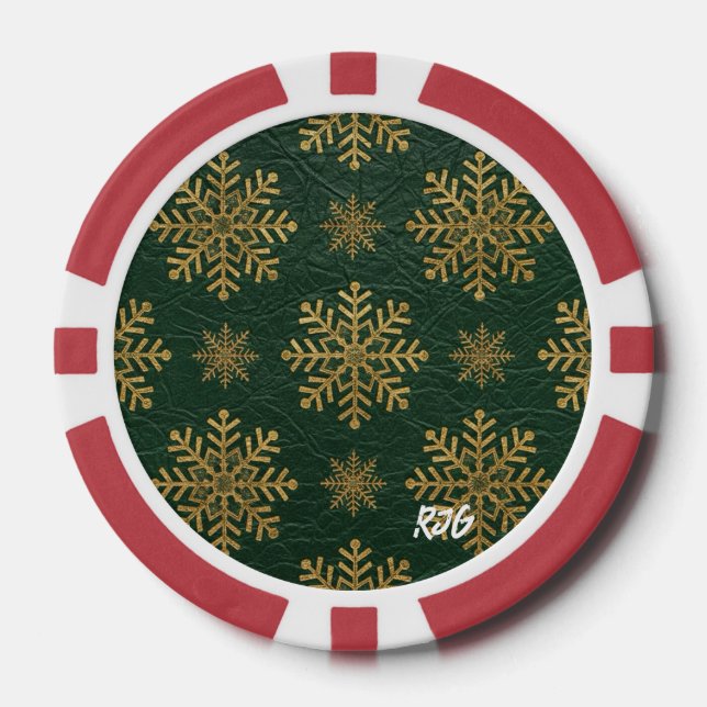 Jetons De Poker Cuir Vert Embellie de Flocons de Neige Initials en (Recto)