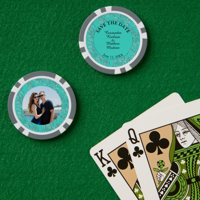 Jetons De Poker Daisies Turquoise Enregistrer la date et le Carte  (Table de poker (double))