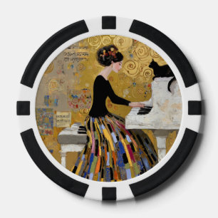Jetons De Poker Dame au piano Gold Klimt avec chat noir