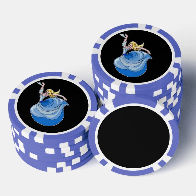 Jetons De Poker Danseuse en robe bleue sur noir (Empiler)
