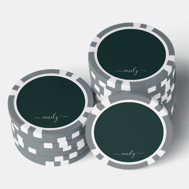 Jetons De Poker Dark Green Modern Script Nom du monogramme (Empiler)