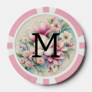 Jetons De Poker Dentelle monogramme fleurs de magnolias rose viole