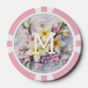 Jetons De Poker Dentelle monogramme fleurs roses et jaunes de prin