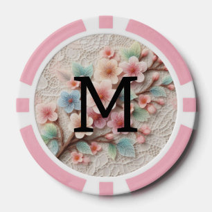 Jetons De Poker Dentelle monogramme florale rose pastel fleur de c