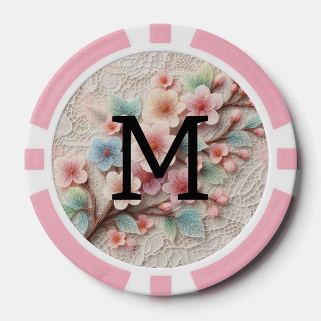 Jetons De Poker Dentelle monogramme florale rose pastel fleur de c (Recto)