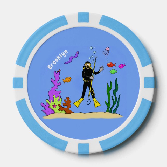 Jetons De Poker Drôle plongeur et poisson mer créatures dessin ani (Recto)
