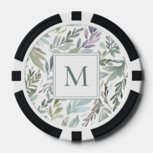 Jetons De Poker Élégant Monogramme Vert Bleu Botanique Aquarelle