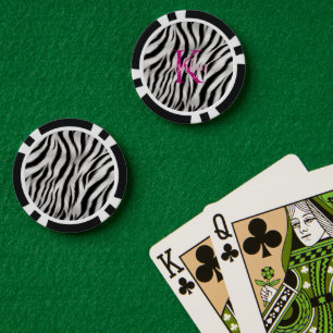 Jetons De Poker Élégant noir blanc zèbre animal rose monogramme