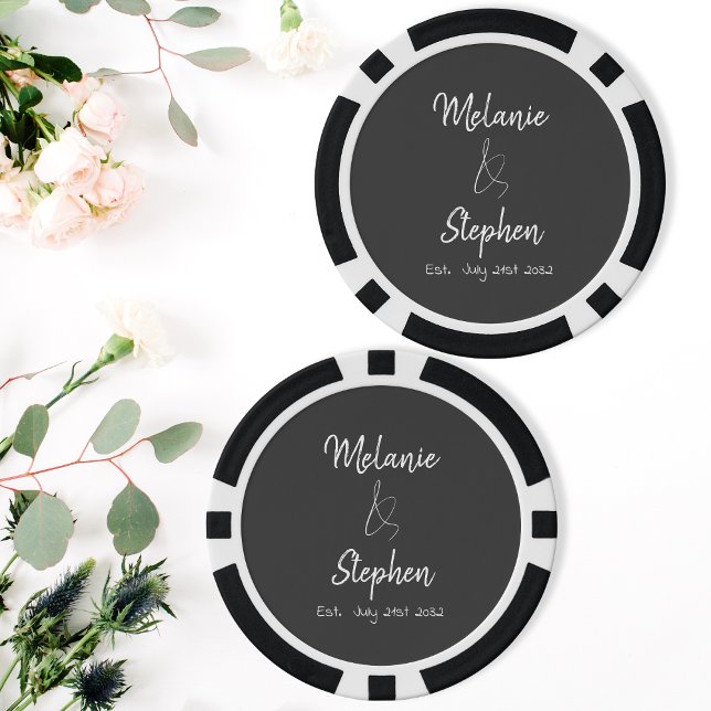 Jetons De Poker Élégant Script Couple Noms Date Typographie Gris (Elegant Script Couple Names Date Typography Gray Poker Chips)