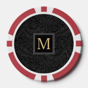 Jetons De Poker Élégant Vintage Noir Floral Monogramme Or