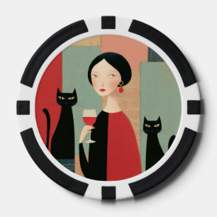 Jetons De Poker Femme Élégante Chats Noirs et Vin