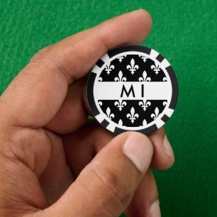 Jetons De Poker Fleur de Lis, Blanc sur Noir, Blanc, Votre Nom