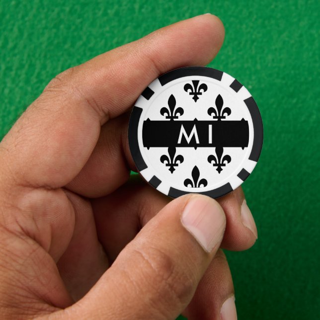 Jetons De Poker Fleur de Lis, Noir sur Blanc, Noir, Votre Nom (main)