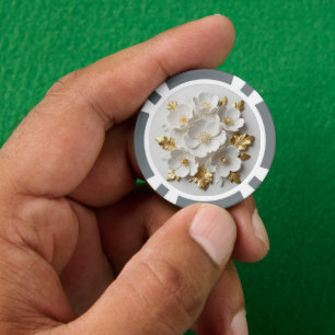 Jetons De Poker fleurs blanches sculptées et feuilles dorées flora