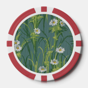 Jetons De Poker Fleurs de marguerite vintage sur rayures fines gri