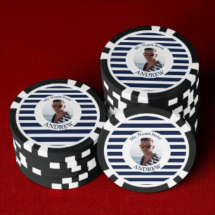 Jetons De Poker Fun Nautique Bleu rayé Photo personnalisée