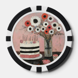 Jetons De Poker Gâteau d'anniversaire chic et fleurs de gerbera