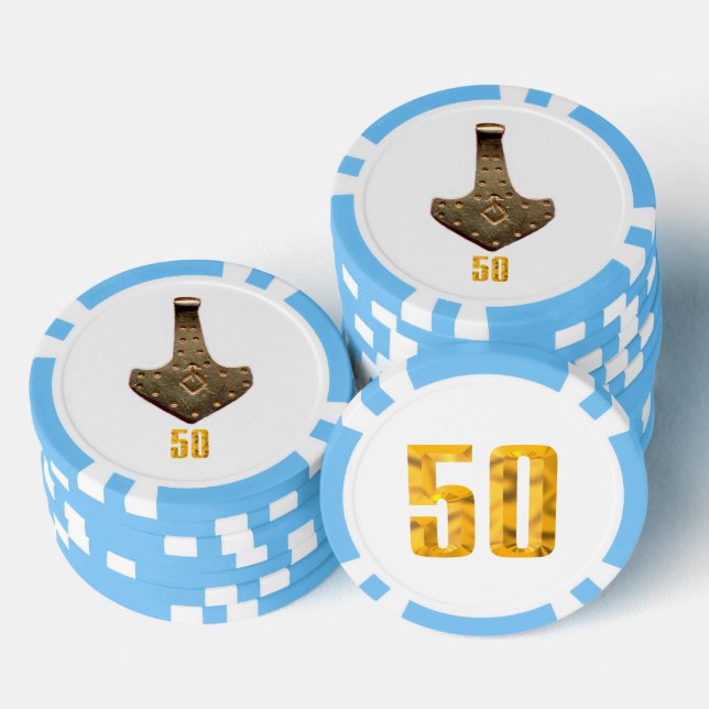 Jetons De Poker Gold Thor Hammer blanc ltblue 50 bande puce de pok (Empiler)