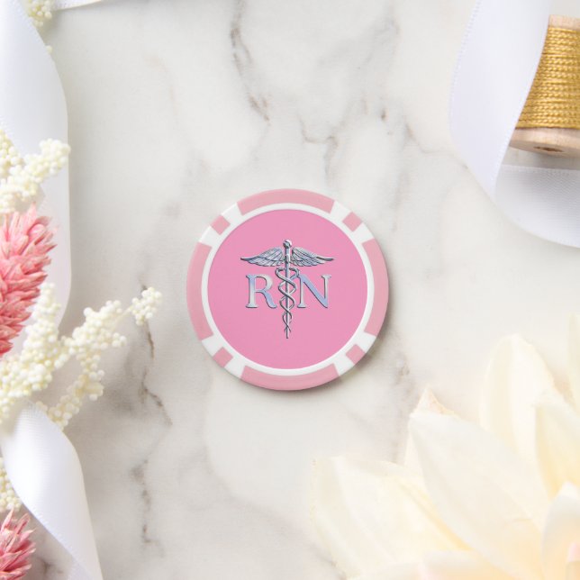 Jetons De Poker Infirmière diplômée IR Caducée sur rose rose (Mariage)