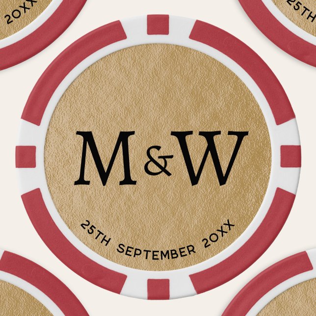 Jetons De Poker Initiales de monogramme de mariage couple or (Wedding couple monogram initials date personalized gold foil effect poker chips)