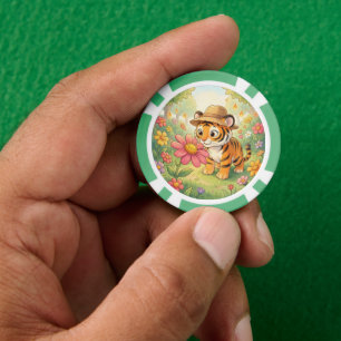 Jetons De Poker Jeune tigre mignon avec chapeau dans le jardin