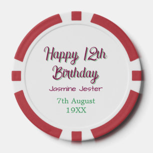 Jetons De Poker joyeux 12e anniversaire vert rose nom date simple