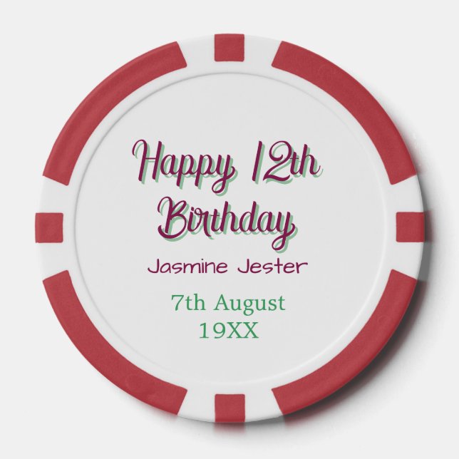 Jetons De Poker joyeux 12e anniversaire vert rose nom date simple (Recto)