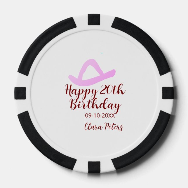 Jetons De Poker Joyeux 20e anniversaire fille cowboy rose nom date (Recto)