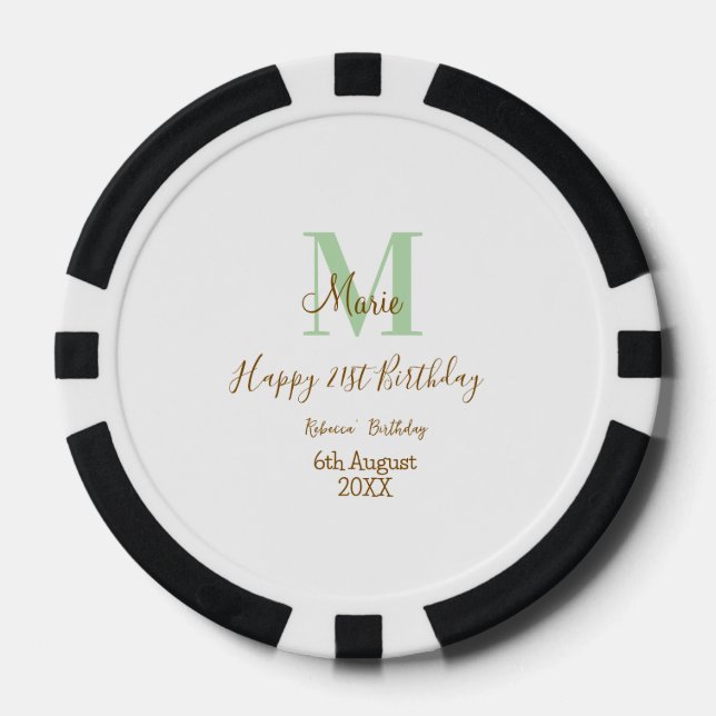 Jetons De Poker Joyeux 21e Anniversaire vert ajouter nom monogramm (Recto)