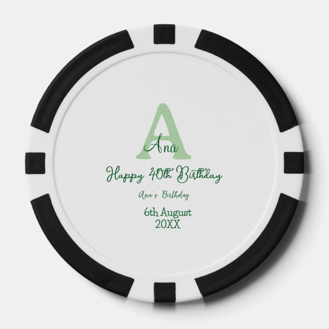 Jetons De Poker Joyeux 40e anniversaire vert ajouter nom monogramm (Recto)