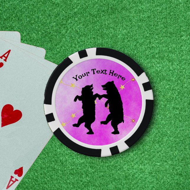 Jetons De Poker Joyeux Black Dancing Bears String of Stars Rose (Happy dancing black bears string of glowing gold stars on shades of pink poker chips.)