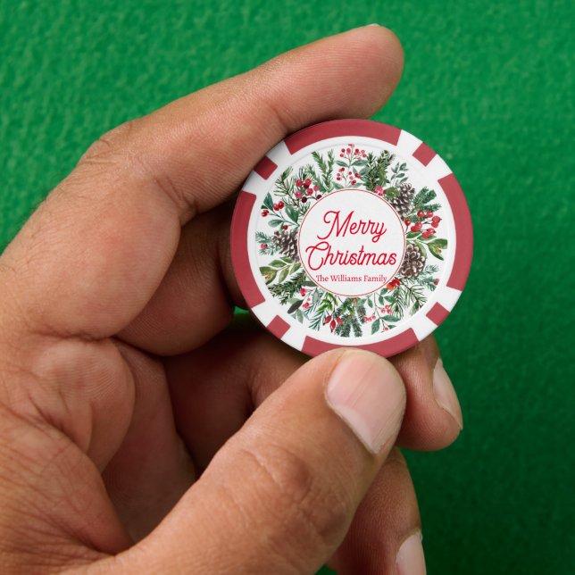 Jetons De Poker joyeux noël hiver verdure écriture rouge classique (main)