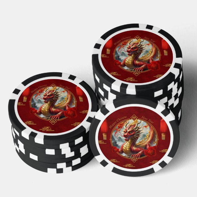 Jetons De Poker Le dragon chinois rouge or vous souhaite une bonne (Empiler)