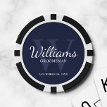 Jetons De Poker Le nom et le monogramme des développeurs de script<br><div class="desc">Ajoutez une touche personnelle à votre mariage avec des puces de poker personnalisées pour groomsmen. Ce design présente le nom personnalisé du marionnettiste dans le style de police de script classique blanc avec des détails mariages dans le style de police de serif classique blanc et monogramme dans le style de...</div>