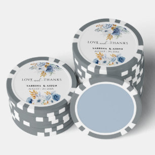 Jetons De Poker Love & Merci Dusty Blue White Gold Floral Mariage